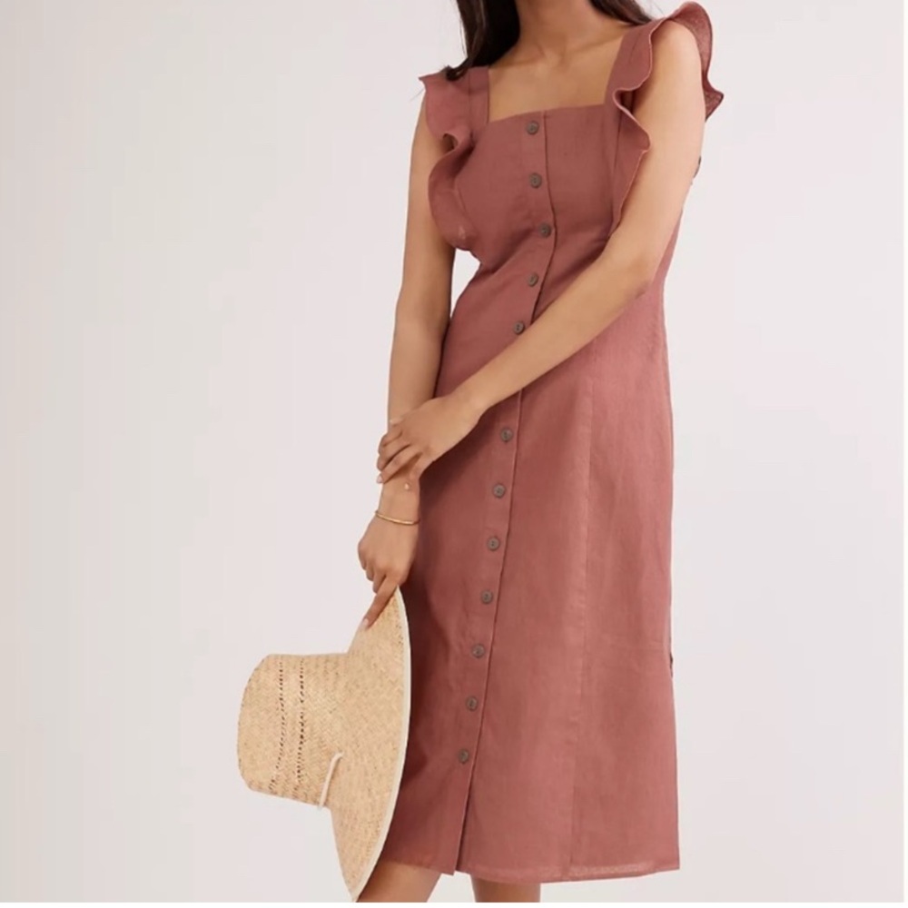 Anthropologie Hutch Serpentine Ruffled Linen Blend Midi Dress Size Small